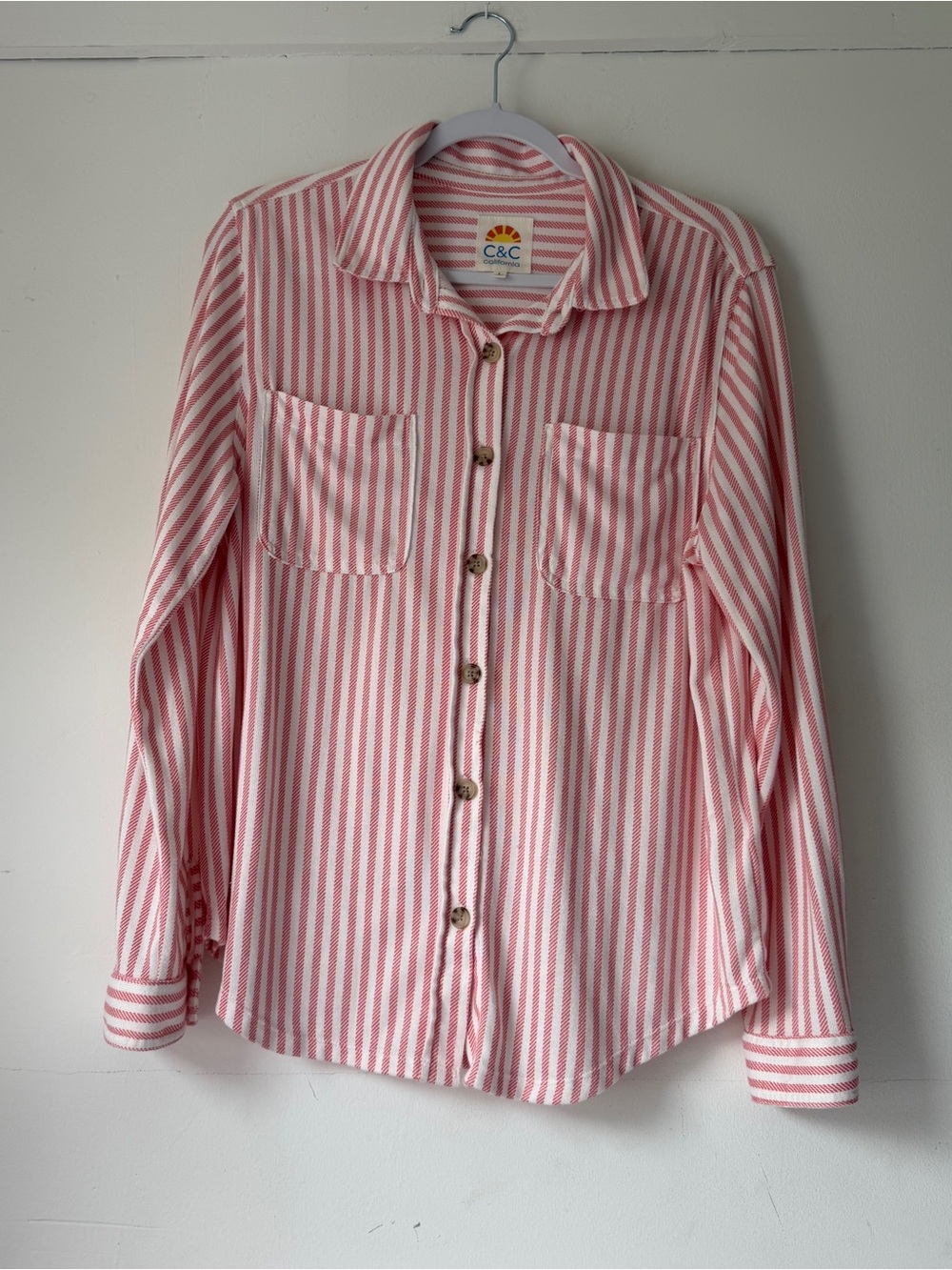 C&C California L Red and White Striped Button-Down Shirt